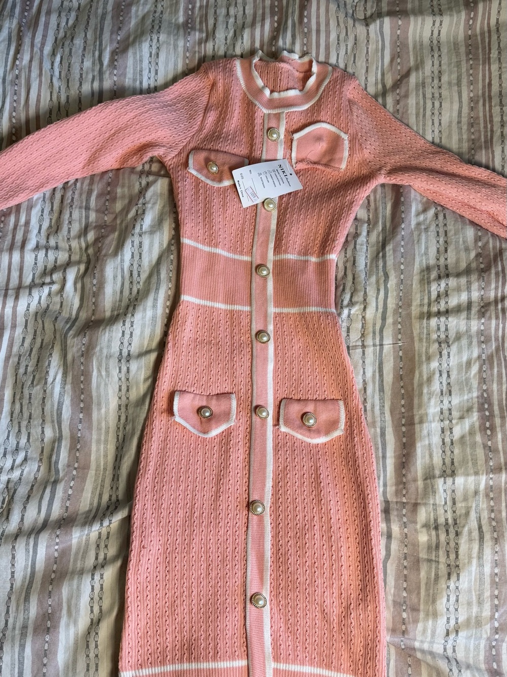 Pink Knit Button-Front Midi Dress with Contrast Trim